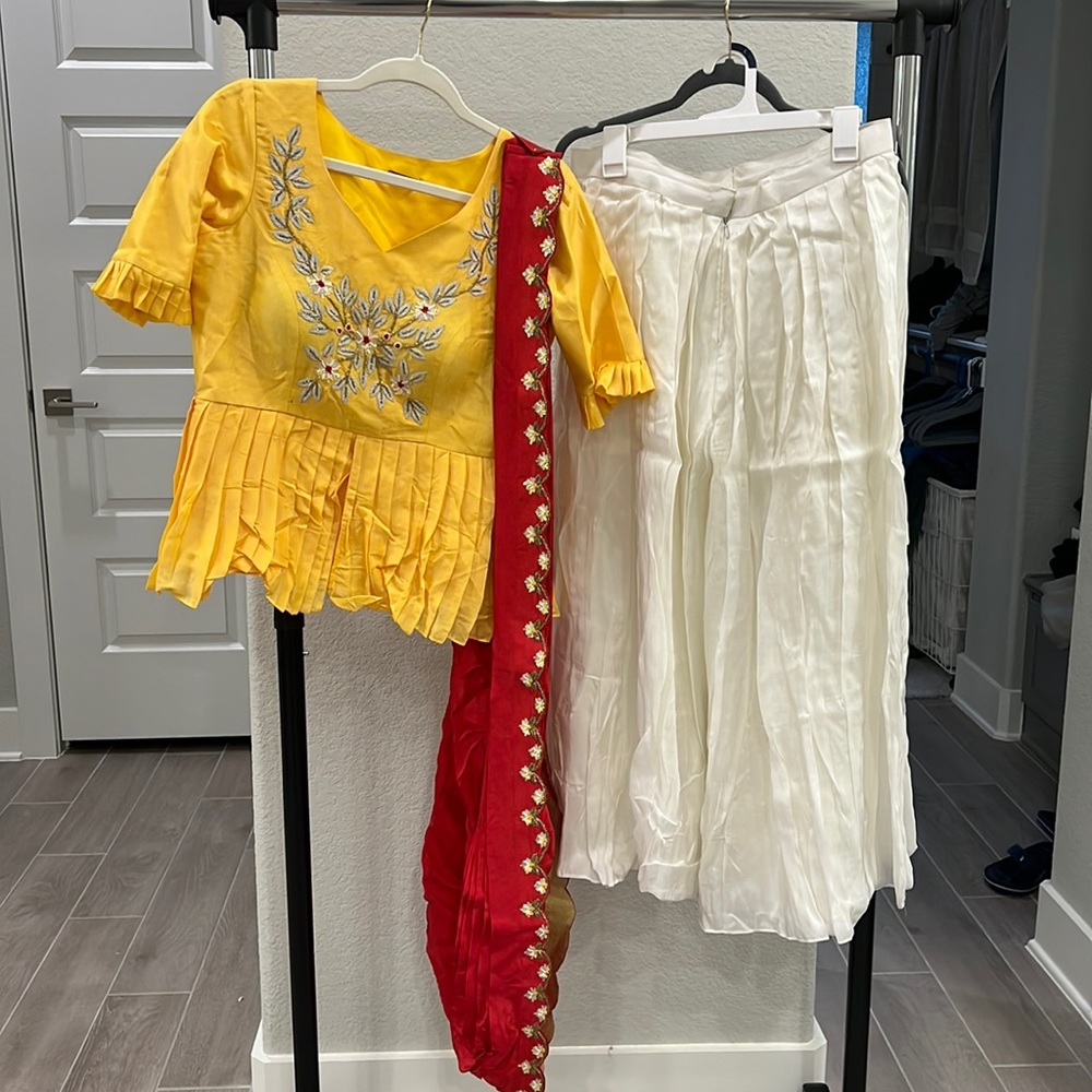 Yellow peplum top and pleated palazzo set with dupatta…Indian clothing